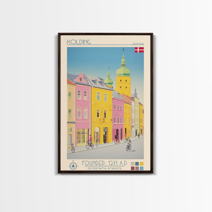 Kolding Denmark Travel Poster Framed Canvas Print, Midcentury Modern Art, Pop Art Wall Decor, Scenic Living Room Art, Bedroom Gift