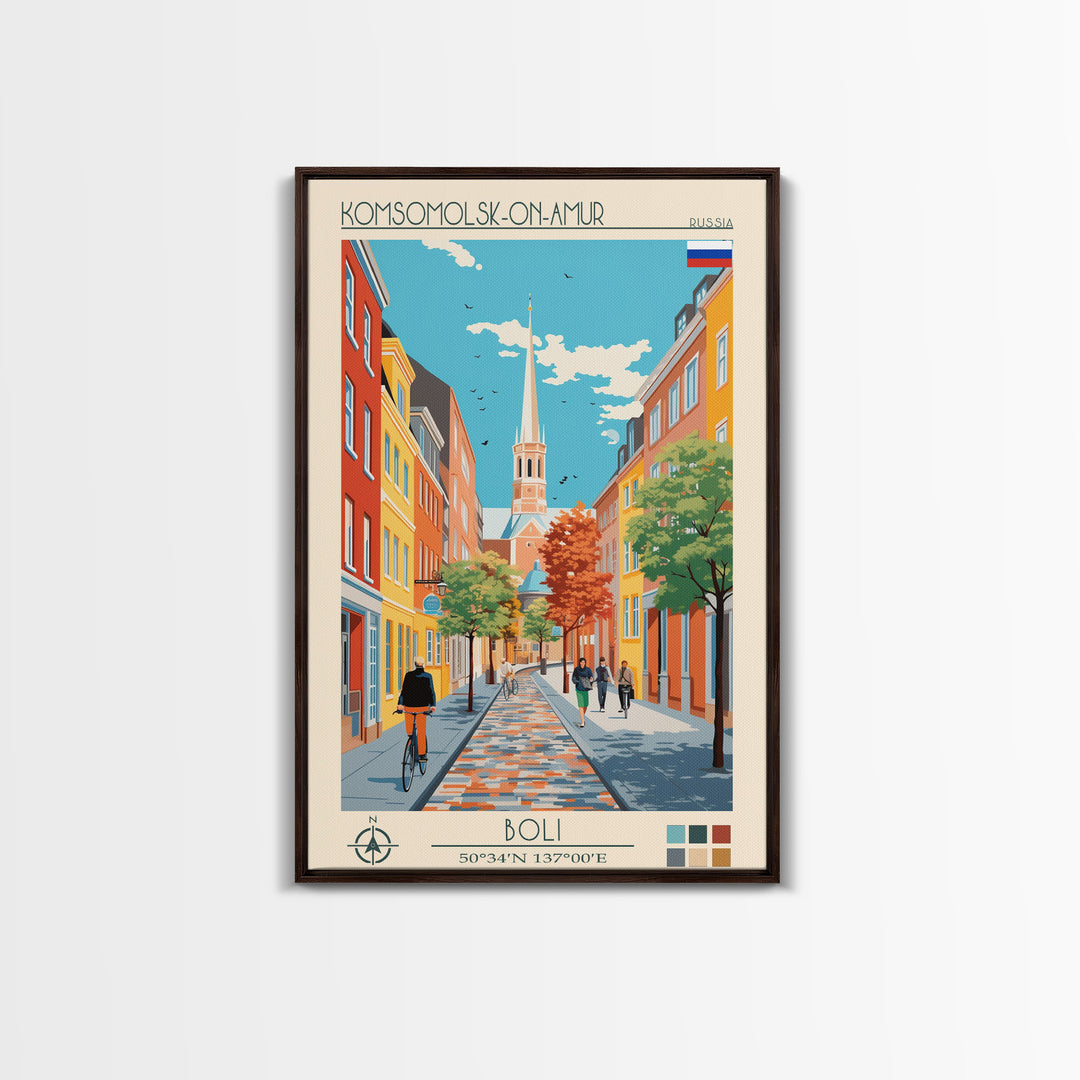 Komsomolsk on Amur Russia Travel Poster Framed Canvas Print, Midcentury Modern Art, Pop Art Wall Decor, Scenic Wall Art, Living Room Decoration, Office Art