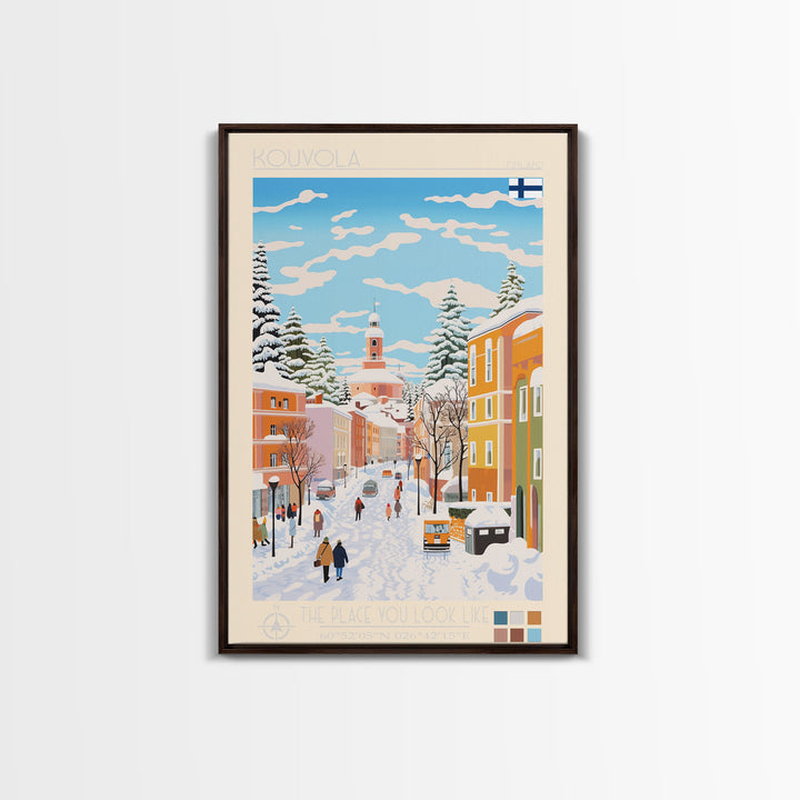 Kouvola Finland Travel Poster Framed Canvas Print, Midcentury Modern Art, Pop Art Wall Decor, Home Decor, Vacation Gift, Office Art
