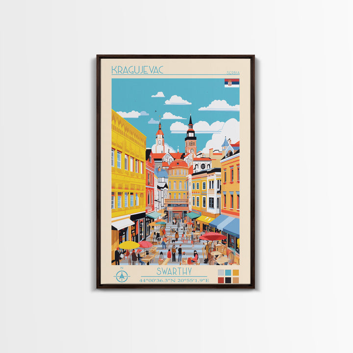 Kragujevac Serbia Travel Poster Framed Canvas Print, Midcentury Modern Art, Pop Art Wall Decor, Scenic Wall Art, Living Room Decoration, Office Art