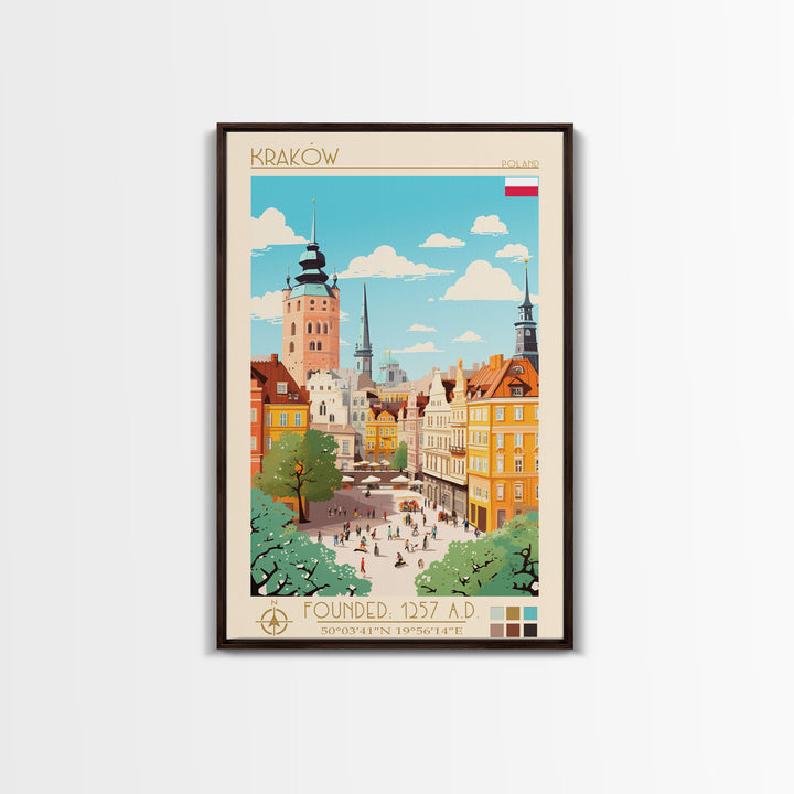 Kraków Poland Travel Poster Framed Canvas Print, Midcentury Modern Art, Pop Art Wall Decor, Home Decor, Vacation Gift, Bedroom Art