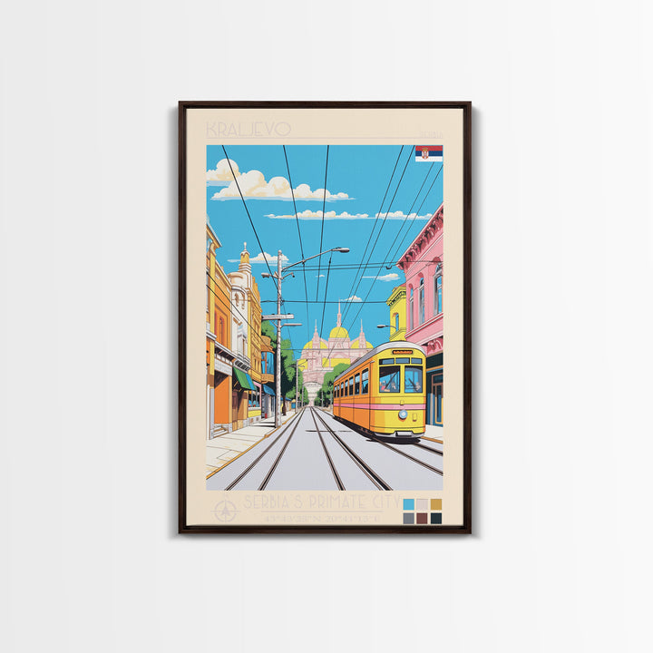 Kraljevo Serbia Travel Poster Framed Canvas Print, Midcentury Modern Art, Pop Art Wall Decor, Scenic Wall Art, Living Room Decoration, Office Gift