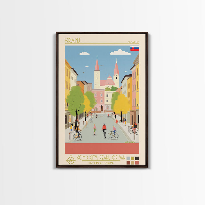 Kranj Slovenia Travel Poster Framed Canvas Print, Midcentury Modern Art, Pop Art Wall Decor, Scenic Wall Art, Bedroom Decoration