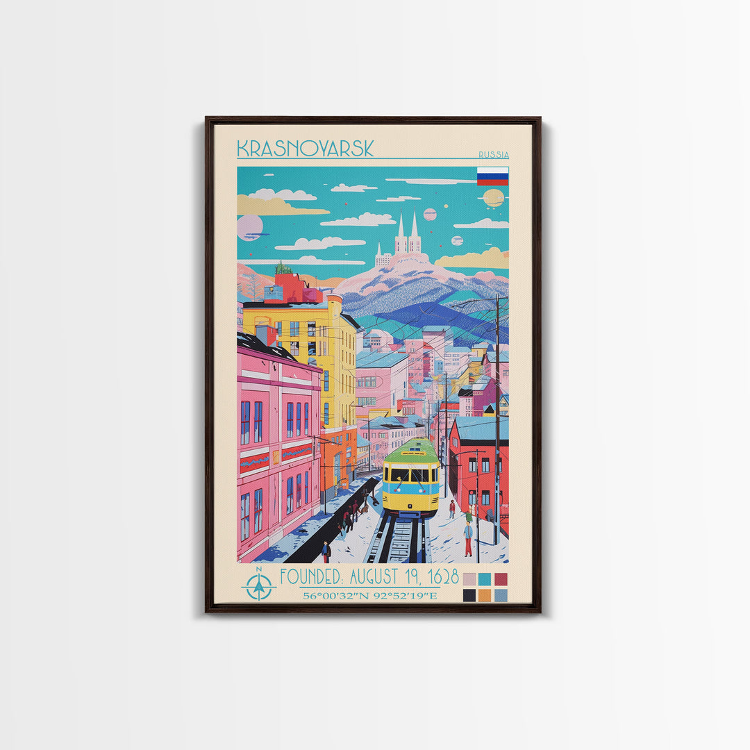 Krasnoyarsk Russia Travel Poster Framed Canvas Print, Midcentury Modern Art, Pop Art Wall Decor, Scenic Bedroom Art, Office Decoration