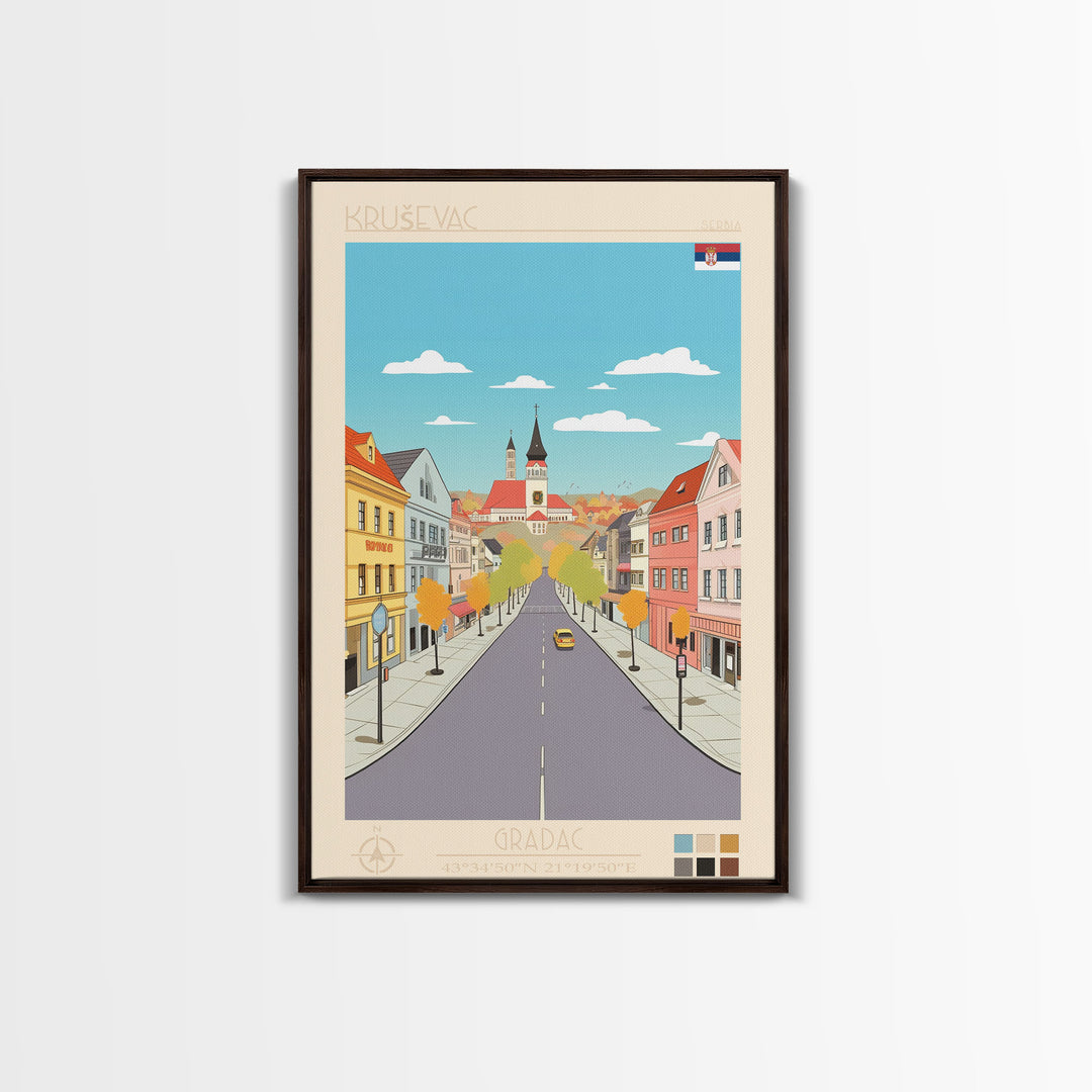 Kruševac Serbia Travel Poster Framed Canvas Print, Midcentury Modern Art, Pop Art Wall Decor, Scenic Living Room Art, Bedroom Gift