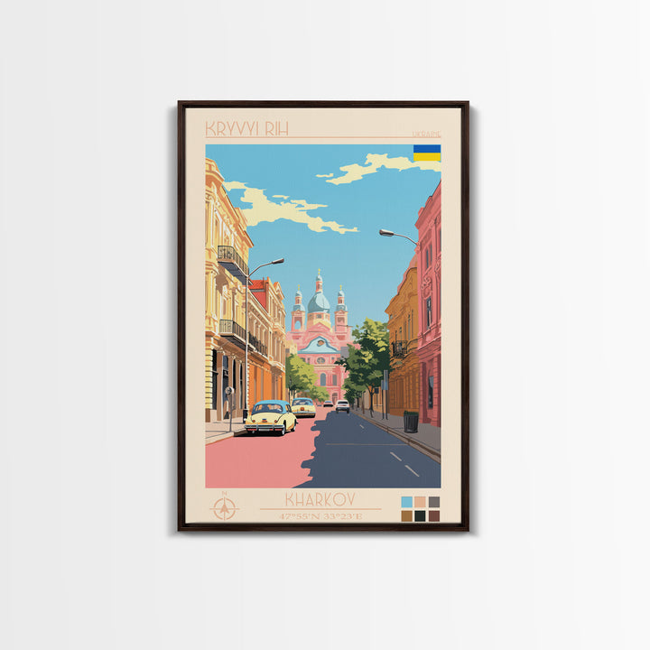 Kryvyi Rih Ukraine Travel Poster Framed Canvas Print, Midcentury Modern Art, Pop Art Wall Decor, Scenic Wall Art, Living Room Decoration, Office Art