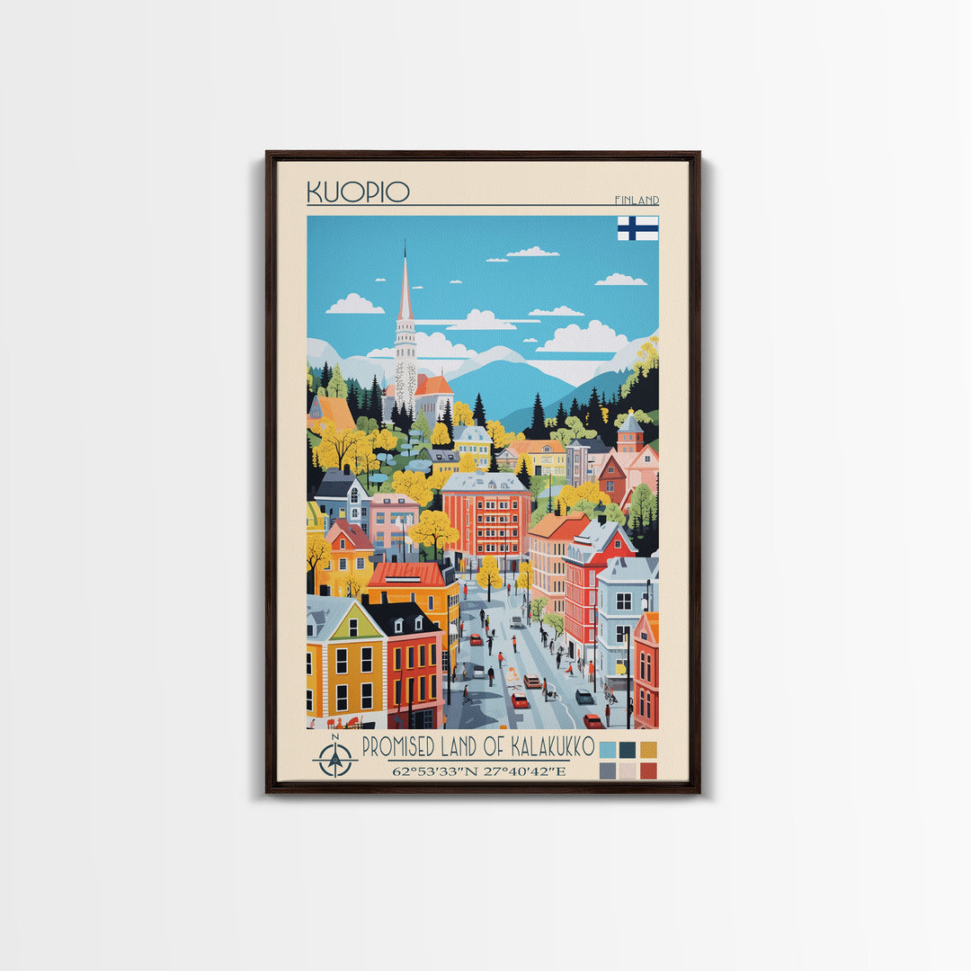 Kuopio Finland Travel Poster Framed Canvas Print, Midcentury Modern Art, Pop Art Wall Decor, Home Decor, Vacation Gift, Bedroom Art