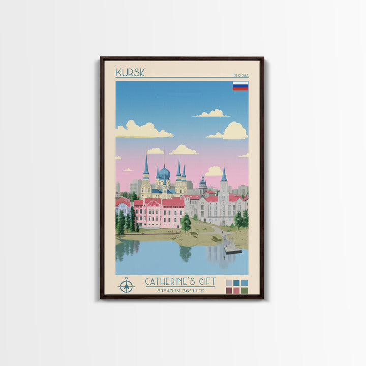 Kursk Russia Travel Poster Framed Canvas Print, Midcentury Modern Art, Pop Art Wall Decor, Scenic Bedroom Art, Office Decoration
