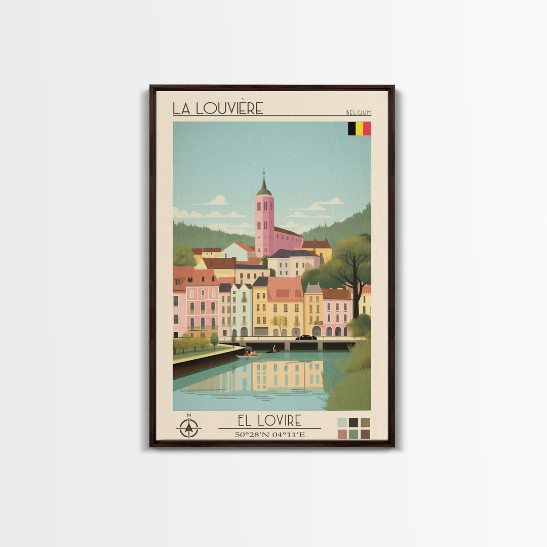 La Louvière Belgium Travel Poster Framed Canvas Print, Midcentury Modern Art, Pop Art Wall Decor, Scenic Living Room Art, Bedroom Gift