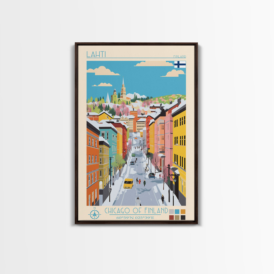 Lahti Finland Travel Poster Framed Canvas Print, Midcentury Modern Art, Pop Art Wall Decor, Scenic Wall Art, Living Room Decoration, Office Art
