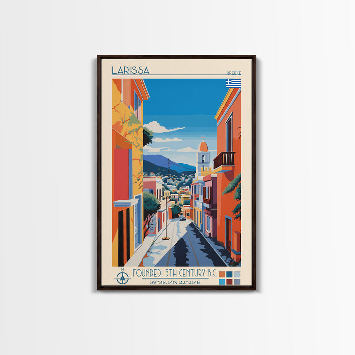 Larissa Greece Travel Poster Framed Canvas Print, Midcentury Modern Art, Pop Art Wall Decor, Scenic Wall Art, Living Room Decoration, Office Gift