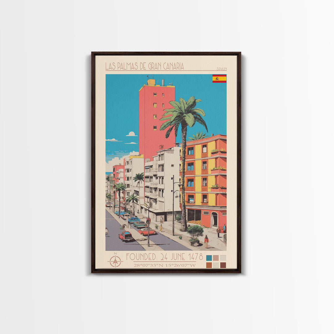 Las Palmas de Gran Canaria Spain Travel Poster Framed Canvas Print, Midcentury Modern Art, Pop Art Wall Decor, Scenic Wall Art, Bedroom Decoration