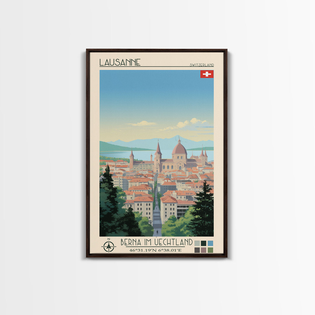 Lausanne Switzerland Travel Poster Framed Canvas Print, Midcentury Modern Art, Pop Art Wall Decor, Scenic Wall Art, Living Room Decoration, Office Art