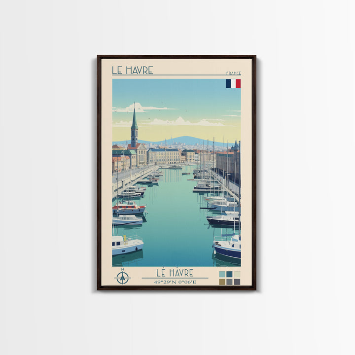 Le Havre France Travel Poster Framed Canvas Print, Midcentury Modern Art, Pop Art Wall Decor, Scenic Bedroom Art, Office Decoration