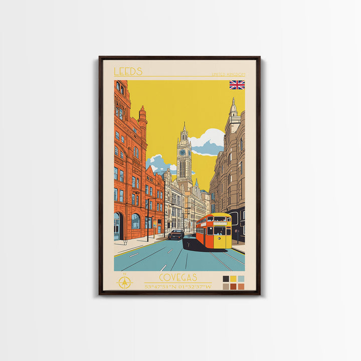 Leeds United Kingdom Travel Poster Framed Canvas Print, Midcentury Modern Art, Pop Art Wall Decor, Scenic Living Room Art, Bedroom Decor