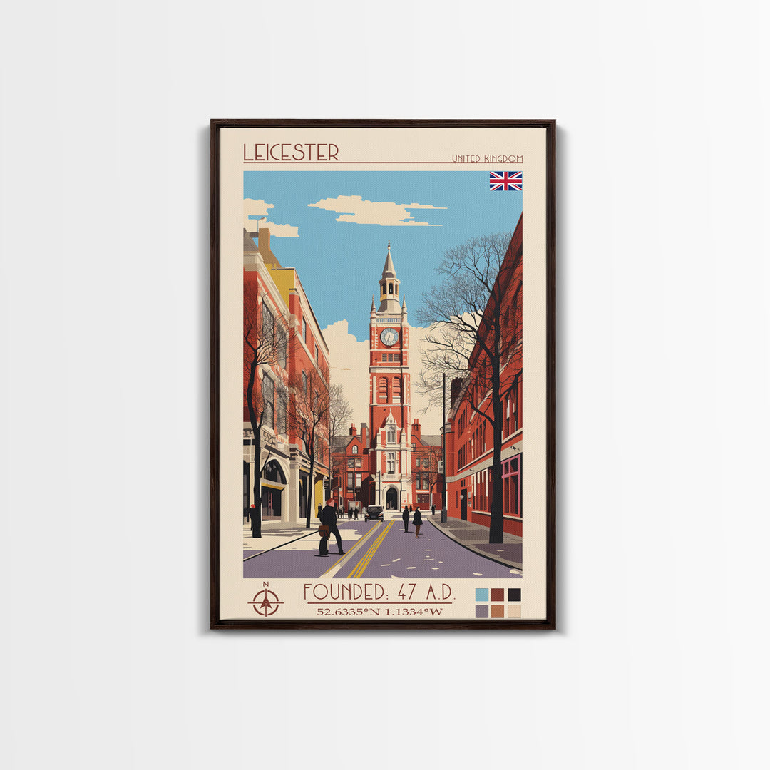Leicester United Kingdom Travel Poster Framed Canvas Print, Midcentury Modern Art, Pop Art Wall Decor, Home Decor, Vacation Gift, Office Art