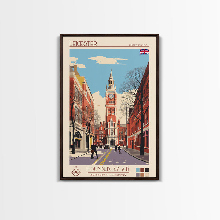 Leicester United Kingdom Travel Poster Framed Canvas Print, Midcentury Modern Art, Pop Art Wall Decor, Home Decor, Vacation Gift, Office Art