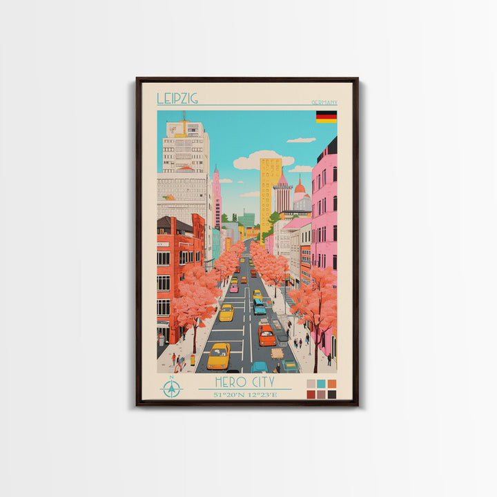 Leipzig Germany Travel Poster Framed Canvas Print, Midcentury Modern Art, Pop Art Wall Decor, Scenic Living Room Art, Bedroom Gift