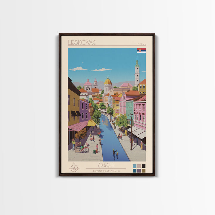 Leskovac Serbia Travel Poster Framed Canvas Print, Midcentury Modern Art, Pop Art Wall Decor, Scenic Wall Art, Living Room Decoration, Office Art