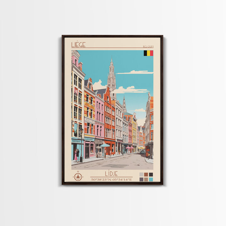 Liège Belgium Travel Poster Framed Canvas Print, Midcentury Modern Art, Pop Art Wall Decor, Scenic Art, Home and Office Decoration