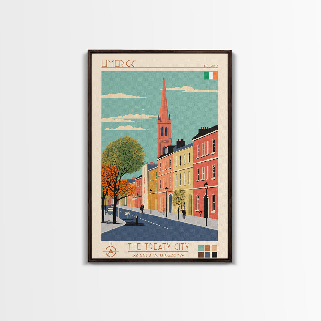 Limerick Ireland Travel Poster Framed Canvas Print, Wall Decor, Midcentury Modern Art, Pop Art, Scenic Art for Bedroom and Office