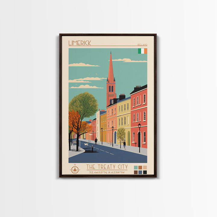 Limerick Ireland Travel Poster Framed Canvas Print, Wall Decor, Midcentury Modern Art, Pop Art, Scenic Art for Bedroom and Office