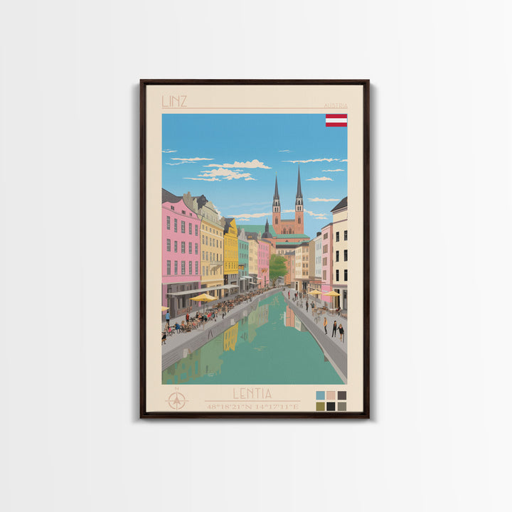 Linz Austria Travel Poster Framed Canvas Print, Wall Decor, Midcentury Modern Art, Pop Art, Scenic Art for Bedroom and Living Room