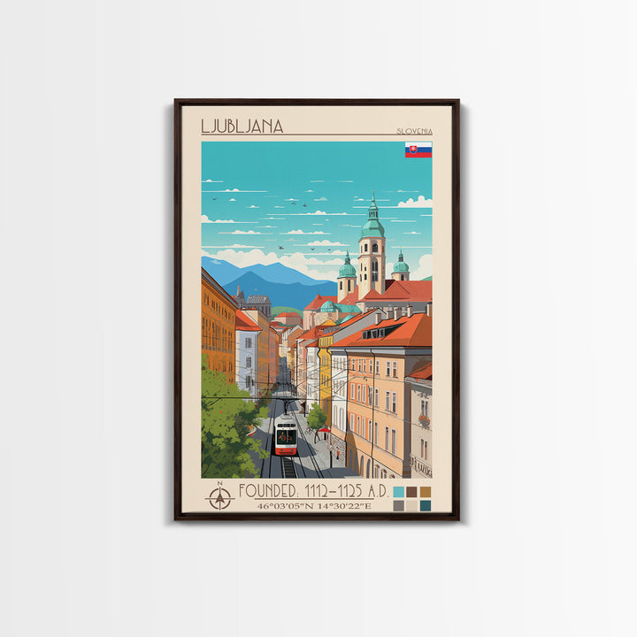 Ljubljana Slovenia Travel Poster Framed Canvas Print, Wall Decor, Midcentury Modern Art, Pop Art, Scenic Art for Bedroom and Living Room