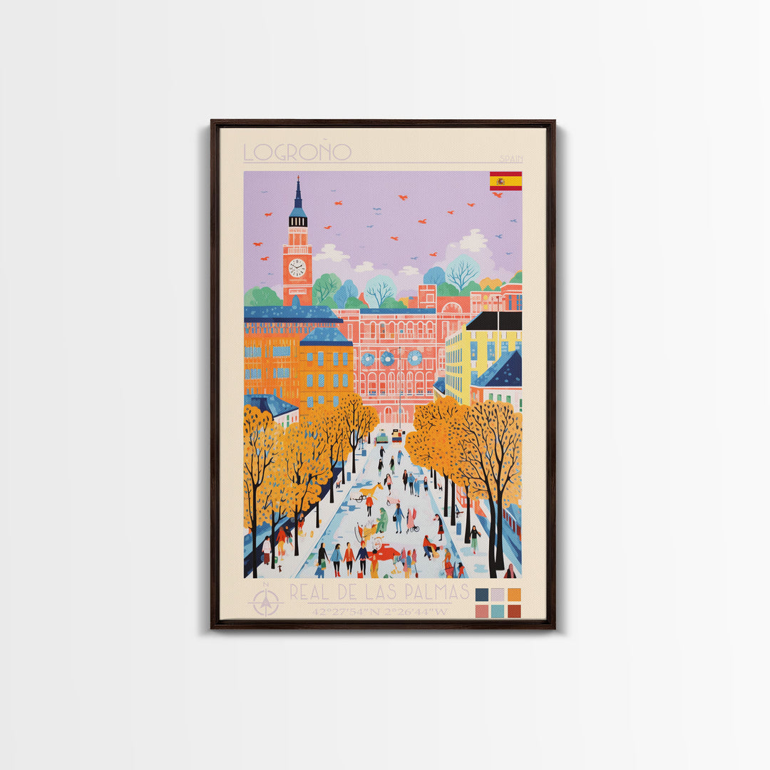 Logroño Spain Travel Poster Framed Canvas Print, Midcentury Modern Art, Pop Art Wall Decor, Scenic Art, Bedroom and Living Room Decor