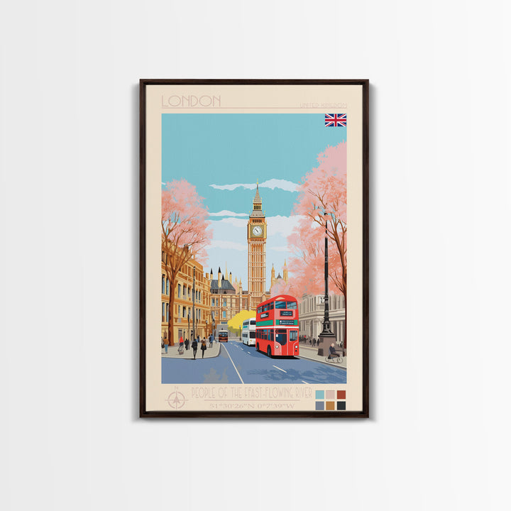 London United Kingdom Travel Poster Framed Canvas Print, Wall Decor, Midcentury Modern Art, Pop Art, Scenic Art for Office and Home