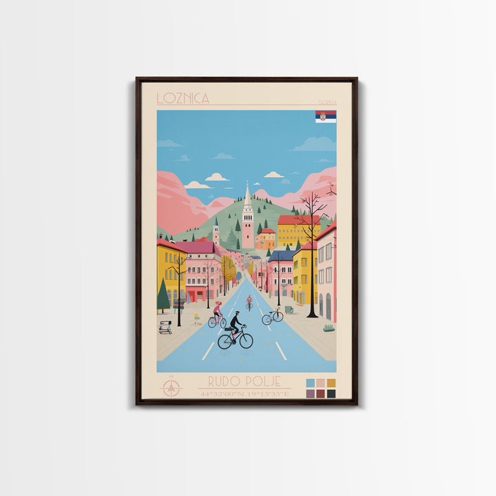 Loznica Serbia Travel Poster Framed Canvas Print, Midcentury Modern Art, Pop Art Wall Decor, Scenic Art, Home and Office Decoration