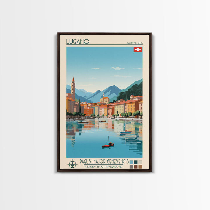 Lugano Switzerland Travel Poster Framed Canvas Print, Midcentury Modern Art, Pop Art Wall Decor, Scenic Art, Bedroom and Living Room Decor
