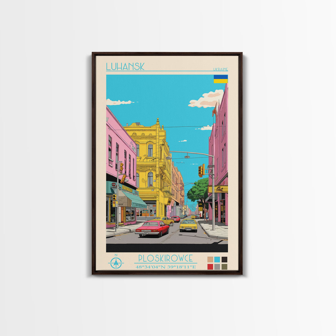 Luhansk Ukraine Travel Poster Framed Canvas Print, Wall Decor, Midcentury Modern Art, Pop Art, Scenic Art for Bedroom and Office