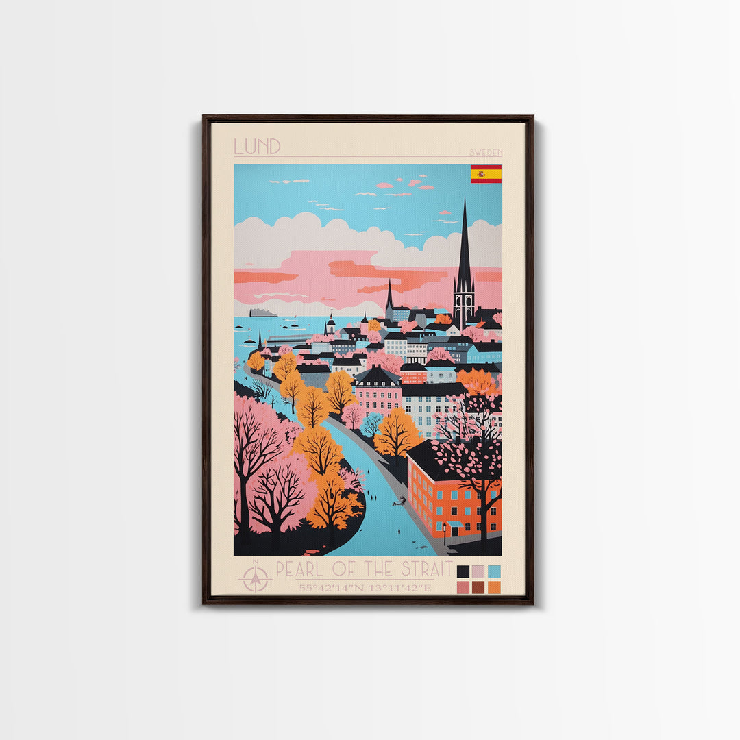 Lund Sweden Travel Poster Framed Canvas Print, Midcentury Modern Art, Pop Art Wall Decor, Scenic Art, Home and Office Decoration