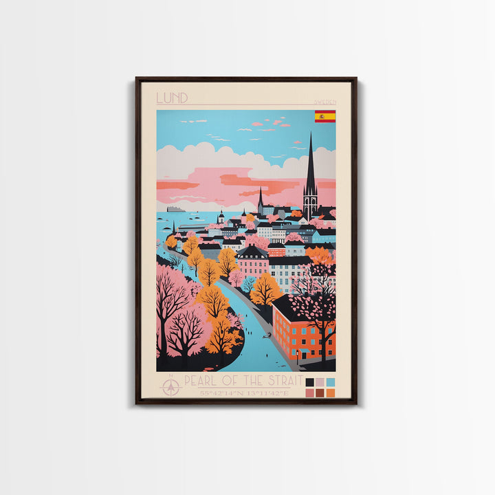 Lund Sweden Travel Poster Framed Canvas Print, Midcentury Modern Art, Pop Art Wall Decor, Scenic Art, Home and Office Decoration