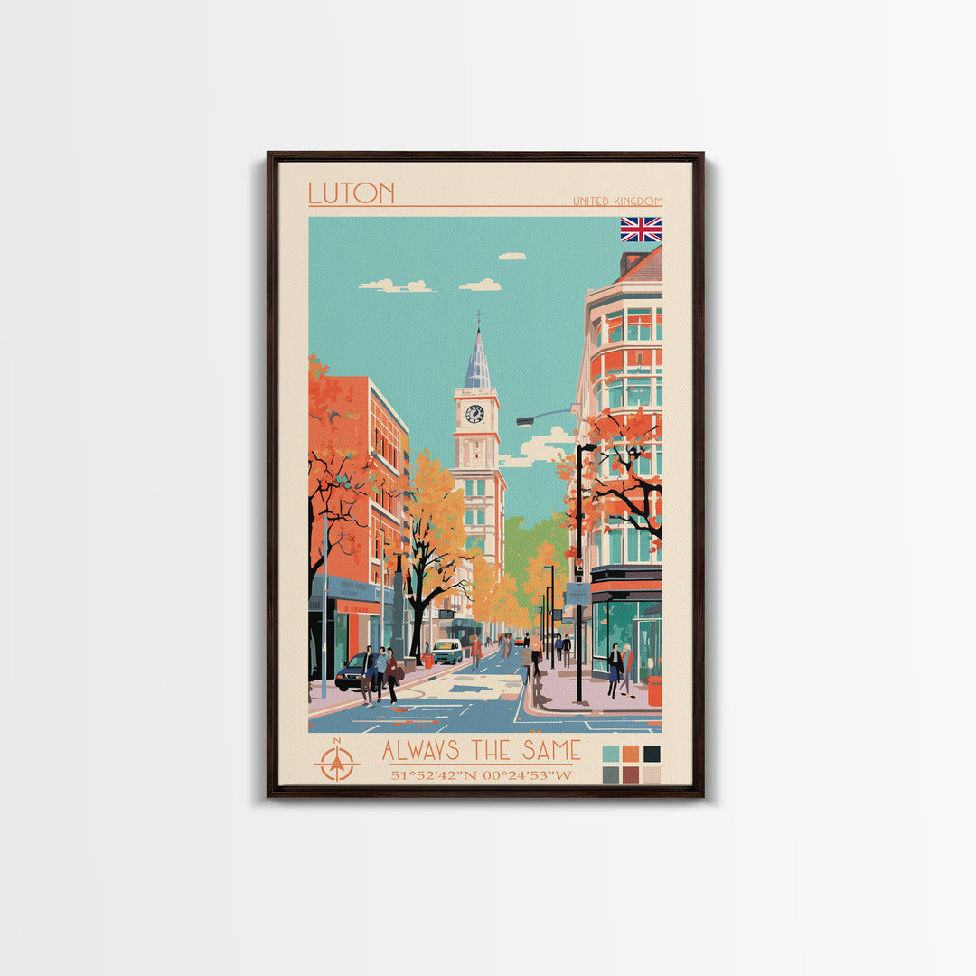 Luton United Kingdom Travel Poster Framed Canvas Print, Wall Decor, Midcentury Modern Art, Pop Art, Scenic Art for Living Room and Office