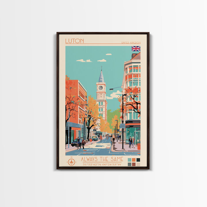 Luton United Kingdom Travel Poster Framed Canvas Print, Wall Decor, Midcentury Modern Art, Pop Art, Scenic Art for Living Room and Office