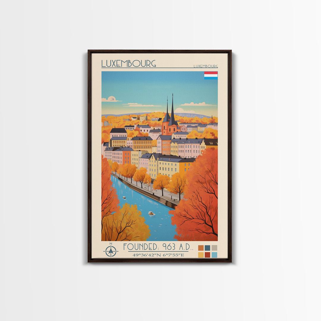Luxembourg Luxembourg Travel Poster Framed Canvas Print, Midcentury Modern Art, Pop Art Wall Decor, Scenic Art, Bedroom and Living Room Decor