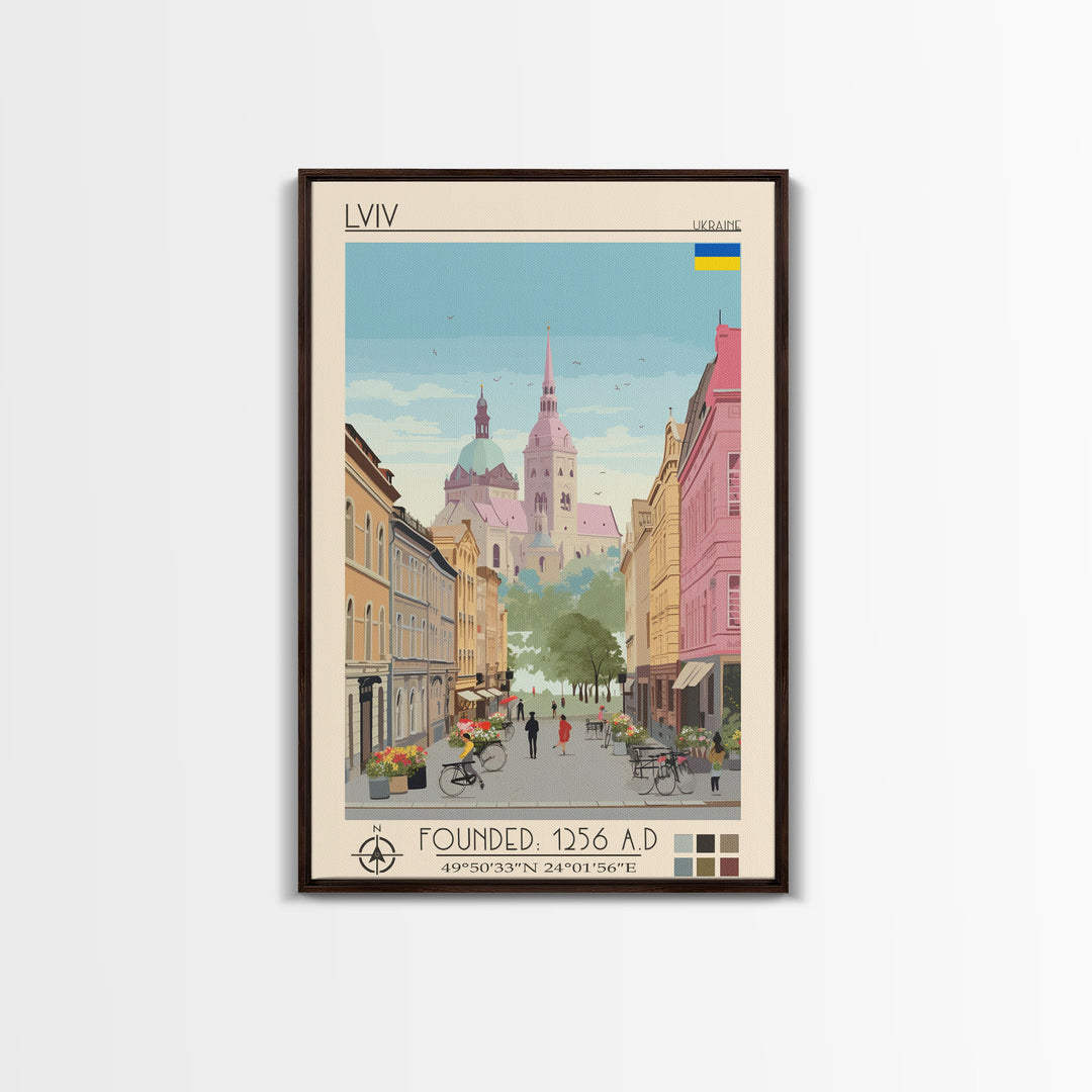 Lviv Ukraine Travel Poster Framed Canvas Print, Wall Decor, Midcentury Modern Art, Pop Art, Scenic Art for Home and Office