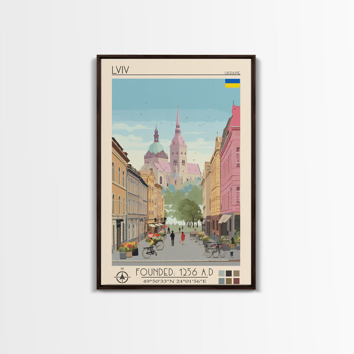 Lviv Ukraine Travel Poster Framed Canvas Print, Wall Decor, Midcentury Modern Art, Pop Art, Scenic Art for Home and Office