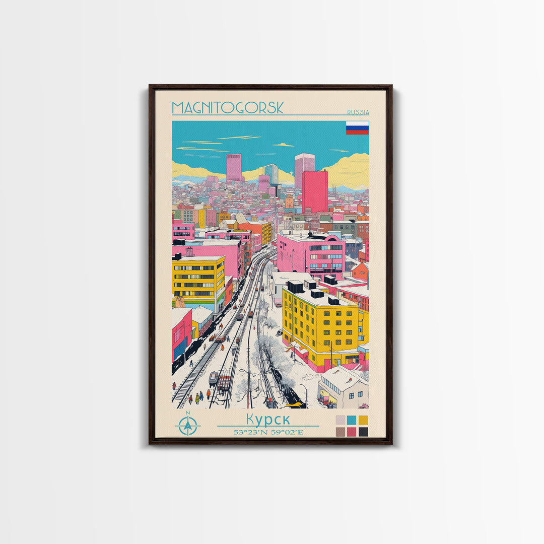 Magnitogorsk Russia Travel Poster Framed Canvas Print, Midcentury Modern Art, Pop Art Wall Decor, Scenic Living Room Art, Bedroom Gift