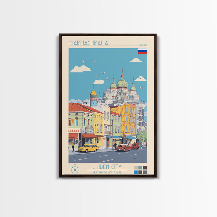 Makhachkala Russia Travel Poster Framed Canvas Print, Midcentury Modern Art, Pop Art Wall Decor, Scenic Wall Art, Living Room Decoration, Office Art