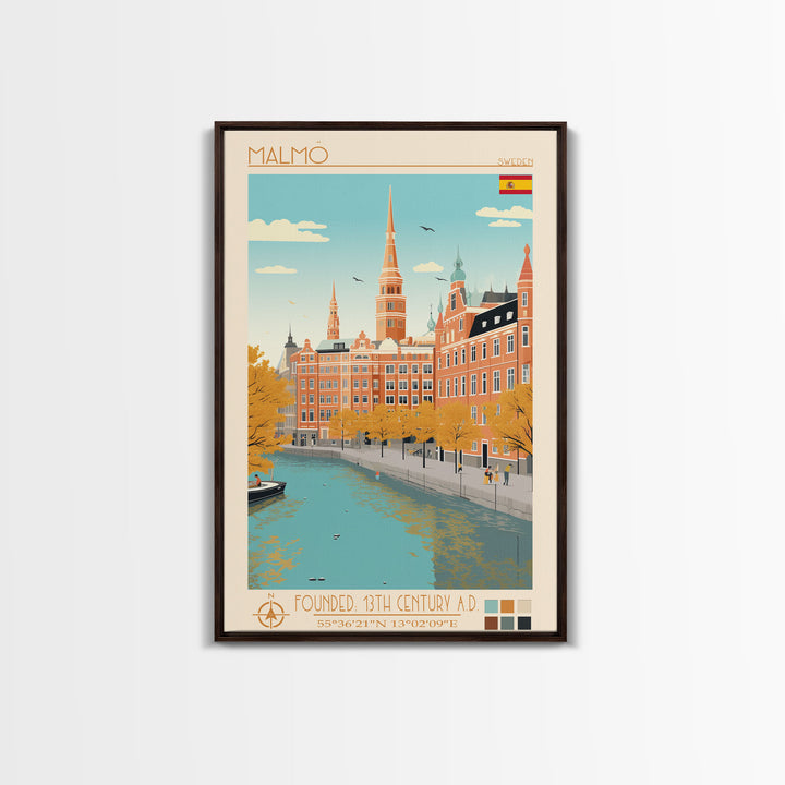 Malmö Sweden Travel Poster Framed Canvas Print, Midcentury Modern Art, Pop Art Wall Decor, Scenic Wall Art, Bedroom Decoration