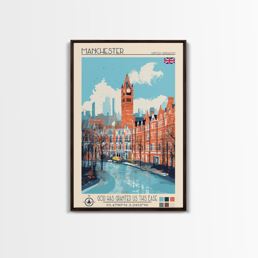 Manchester United Kingdom Travel Poster Framed Canvas Print, Midcentury Modern Art, Pop Art Wall Decor, Scenic Wall Art, Living Room Decoration, Office Art