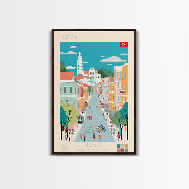 Manisa Turkey Travel Poster Framed Canvas Print, Midcentury Modern Art, Pop Art Wall Decor, Scenic Bedroom Art, Office Decoration