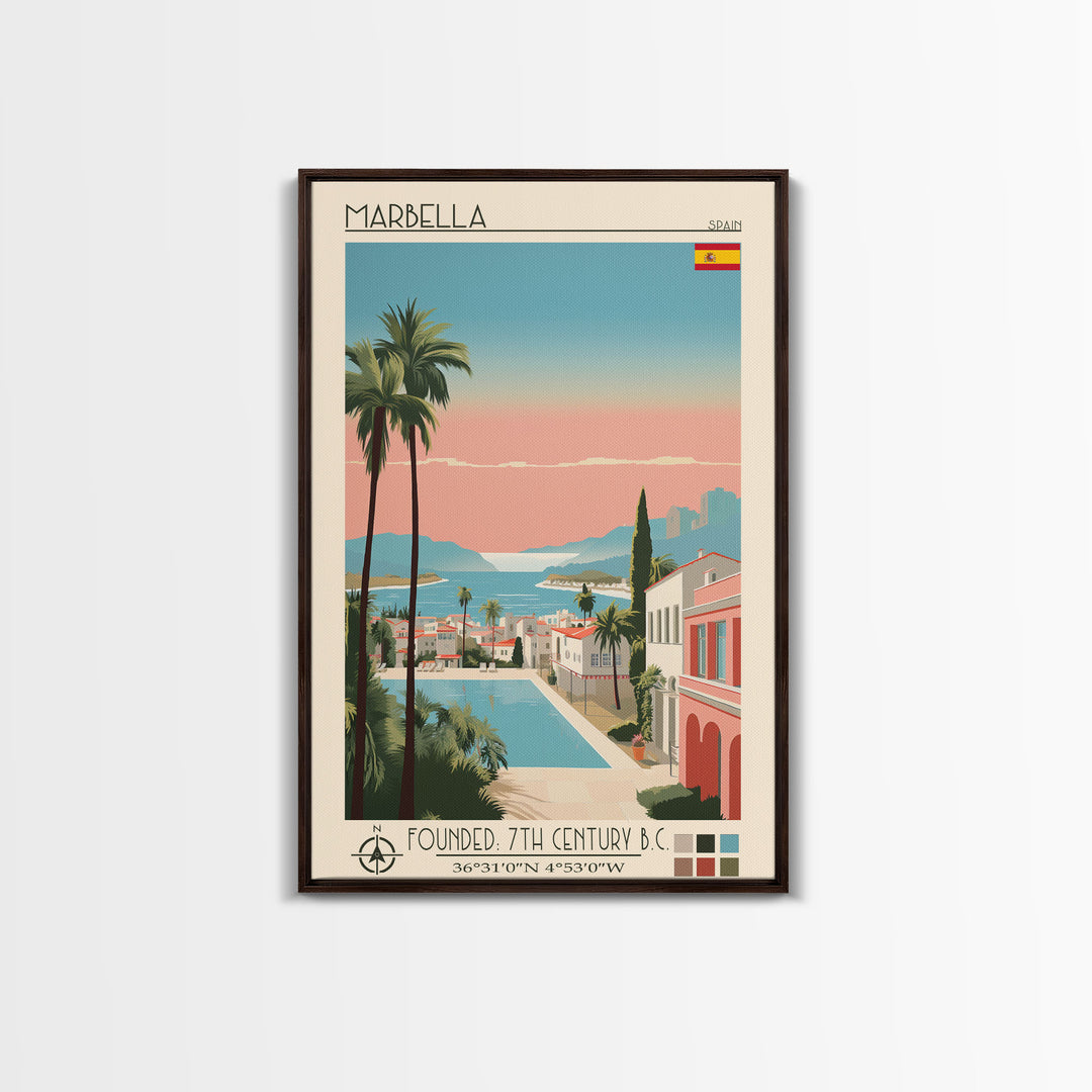 Marbella Spain Travel Poster Framed Canvas Print, Midcentury Modern Art, Pop Art Wall Decor, Scenic Living Room Art, Bedroom Decor