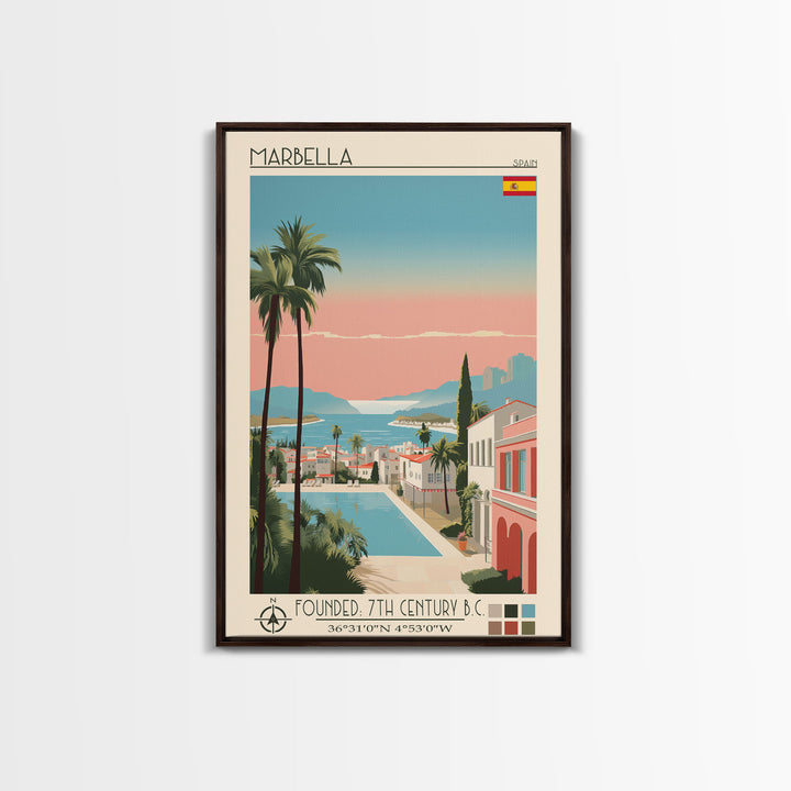 Marbella Spain Travel Poster Framed Canvas Print, Midcentury Modern Art, Pop Art Wall Decor, Scenic Living Room Art, Bedroom Decor