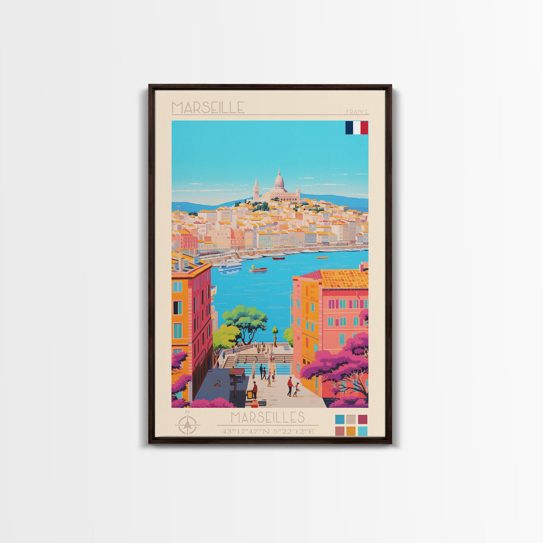 Marseille France Travel Poster Framed Canvas Print, Midcentury Modern Art, Pop Art Wall Decor, Scenic Living Room Art, Bedroom Gift