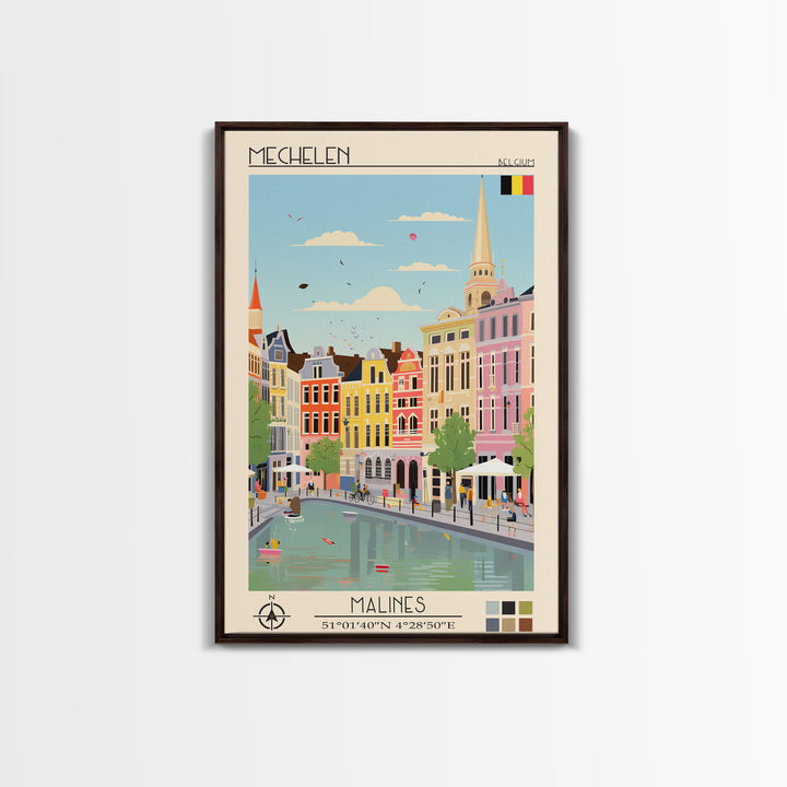 Mechelen Belgium Travel Poster Framed Canvas Print, Midcentury Modern Art, Pop Art Wall Decor, Home Decor, Vacation Gift, Bedroom Art