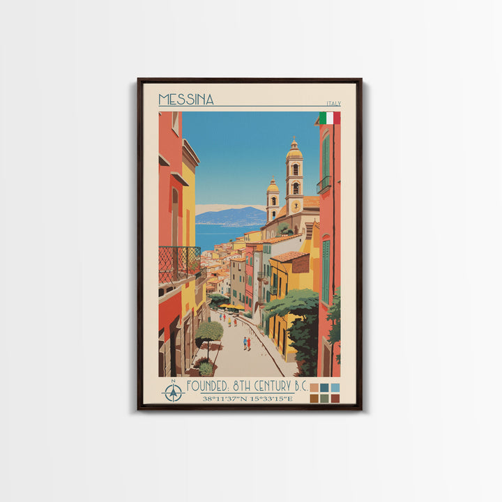 Messina Italy Travel Poster Framed Canvas Print, Midcentury Modern Art, Pop Art Wall Decor, Scenic Wall Art, Bedroom Decoration